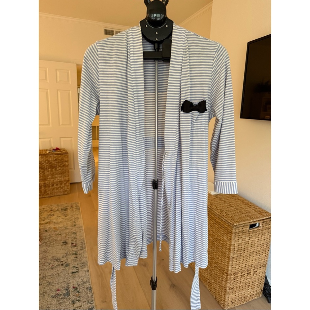 kate spade Blue Striped Cotton Robe with Black Bow Detail